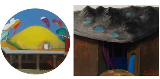 '안악3호 고분'(왼쪽, 38x38cm. 캔버스위에 아크릴. 1998)과 '풍부한 물을 품고 있는 대성산'(35x49.5cm. 화선지위에 먹, 아크릴. 1998).