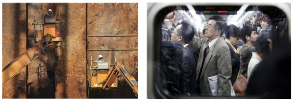 ‘제5회 대한상의 사진공모전’에서 언론부문 최우수상은 이준헌씨의 ‘바로 선 세월호’(왼쪽)와 장승윤씨의 ‘우리의 아버지’ 등이 선정됐다.