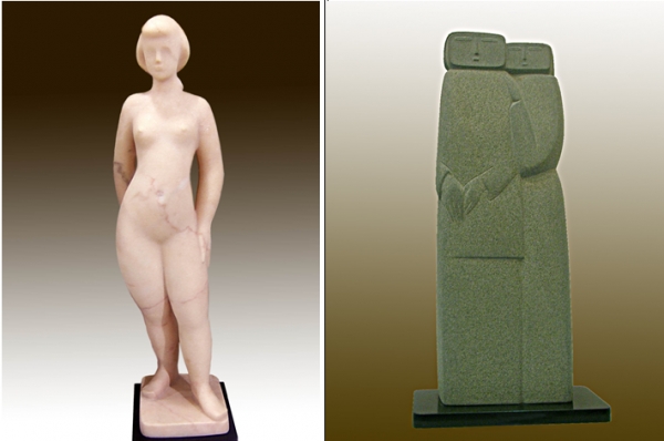 왼쪽부터 김창희의 '환상여인'(a dreamy woman_67×15×11cm_대리석_Marble_ 2001)과 유영교의 '사랑'(21×15×43 청석 2004).