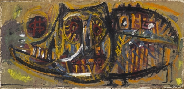 아스거 욘의 '황금 돼지 전쟁의 환상', 1950, 캔버스에 유채, 50 x 100 cm, 욘 미술관 소장