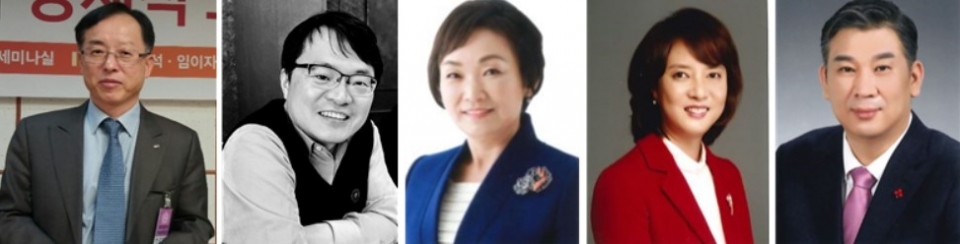 (왼쪽부터) 김경만·이동주 더불어시민당 비례대표 후보, 한무경·이영·최승재 미래한국당 비례대표 후보.
