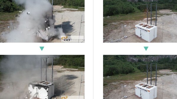 수소폭발로 구조물이 크게 파괴되는 경우(왼쪽)와 '폭발방산구'로 인해 폭발력이 최소화되는 실험 결과가 대조를 이룬다. [한국건설기술연구원]