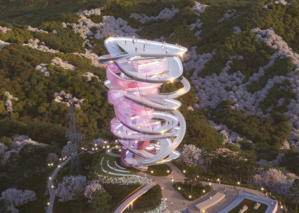 포스코가 오는 2025년 하반기 오픈 예정으로 광양 구봉산 정상에 조성하는, 스페인 작가 마누엘 알바레즈-몬테세린 라호즈 디자인의 체험형 철조형물 조감도.