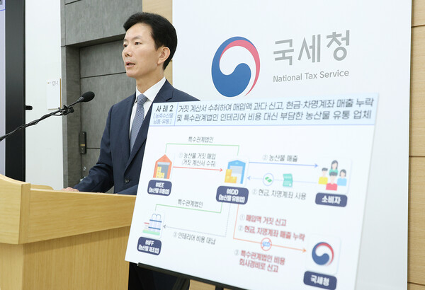 민주원 국세청 조사국장이 25일 세종시 국세청 기자실에서 '생활물가 밀접업종 탈세자 세무조사'에 대해 브리핑을 하고 있다. [국세청]