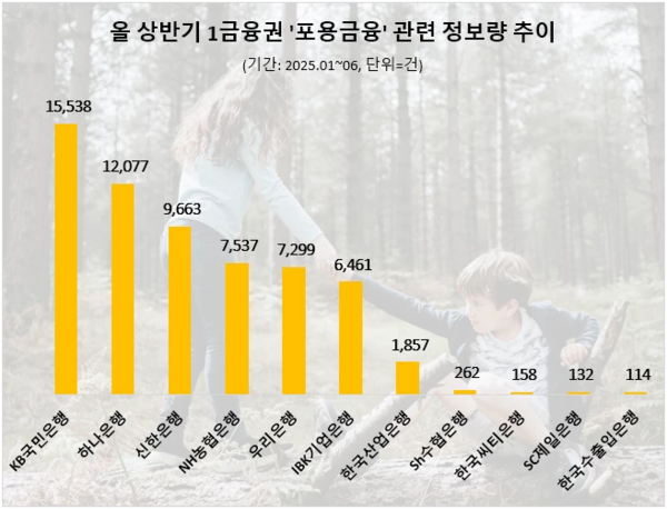 지난 8월 데이터앤리서치가 발표한, 올 상반기 1금융권 포용금융 관련 정보량 비교. 뉴스·커뮤니티·블로그·카페·트위터·인스타그램·유튜브·페이스북·카카오스토리·지식인·기업/단체·정부/공공 등 12개 채널 24만개 사이트를 대상으로 올 상반기 1금융권의 포용금융 관련 정보량을 분석했다. [데이터앤리서치]