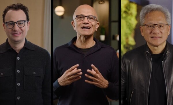 MS와 엔비디아, 앤스로픽은 엔비디아 실적 발표 전날 전격적으로 '3자 AI동맹'을 발표했다. 왼쪽부터 앤스로픽 CEO 다리오 아모데이, MS CEO 사티야 나델라, 엔비디아 CEO 젠슨 황. [출처=MS 유튜브 캡처]